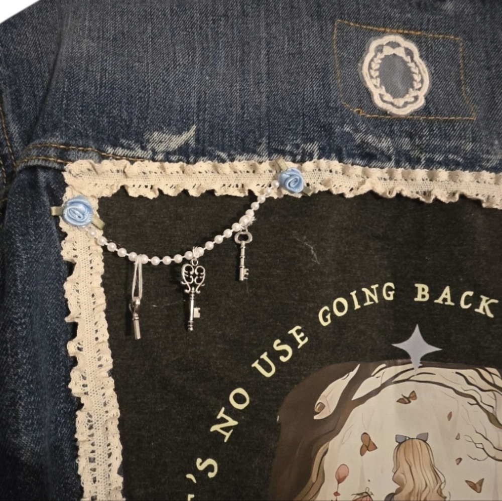 Upcycled Hand Crafted Alice In Wonderland Denim Jacket Size Large - Picture 5 of 13